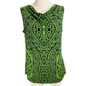 Tahari ASL Paisley Cowl Tank Top Navy Lime Women's Large